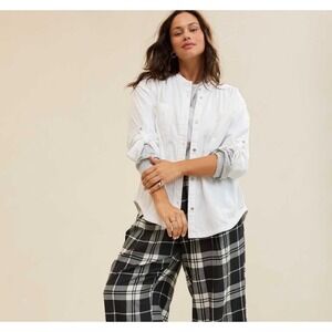Aerie Roll With It White Cotton Oversized Band Collar Button Down Shirt Large